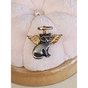 CAMCO Tiny Pewter Cat Gold Tone Halo & Wings Lapel Pin Tie Tack Brooch FREE $HIP